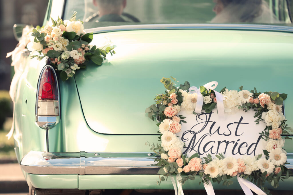 Beautiful wedding car with plate JUST MARRIED