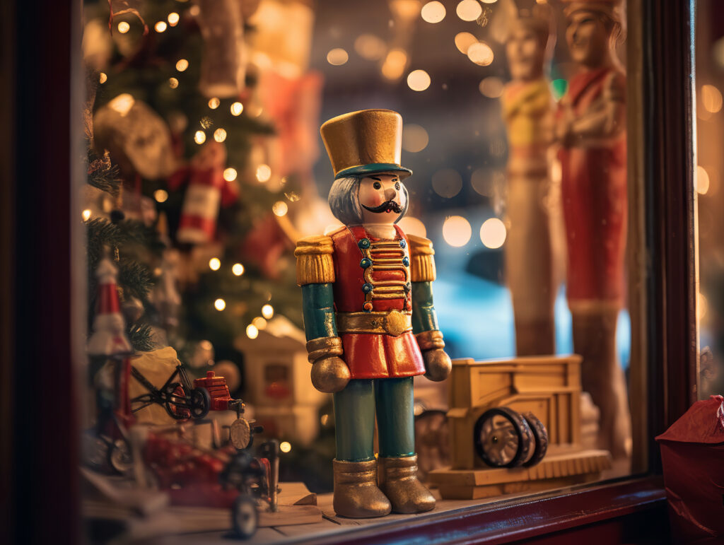 Vintage toys and wooden nutcracker inside store window decorated for Christmas.