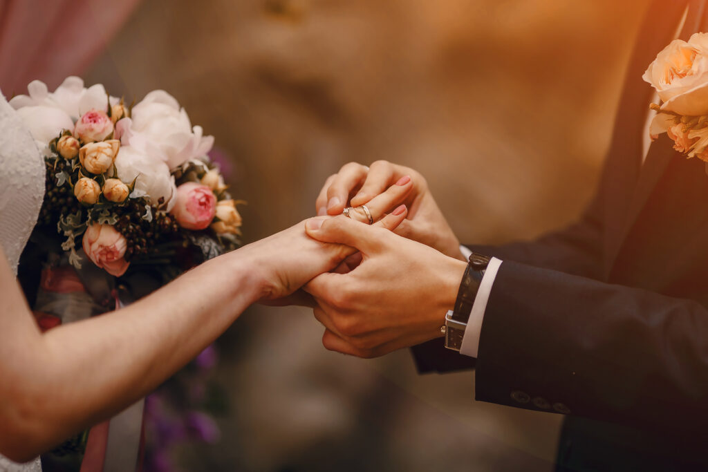 lovely blond summer wedding couple in sunny weather