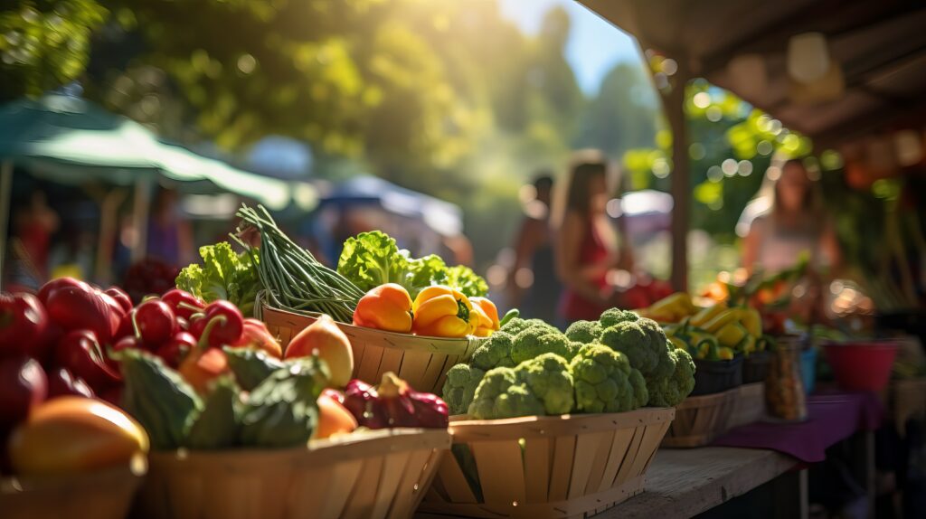 Farmers market with fresh vegetables and food.